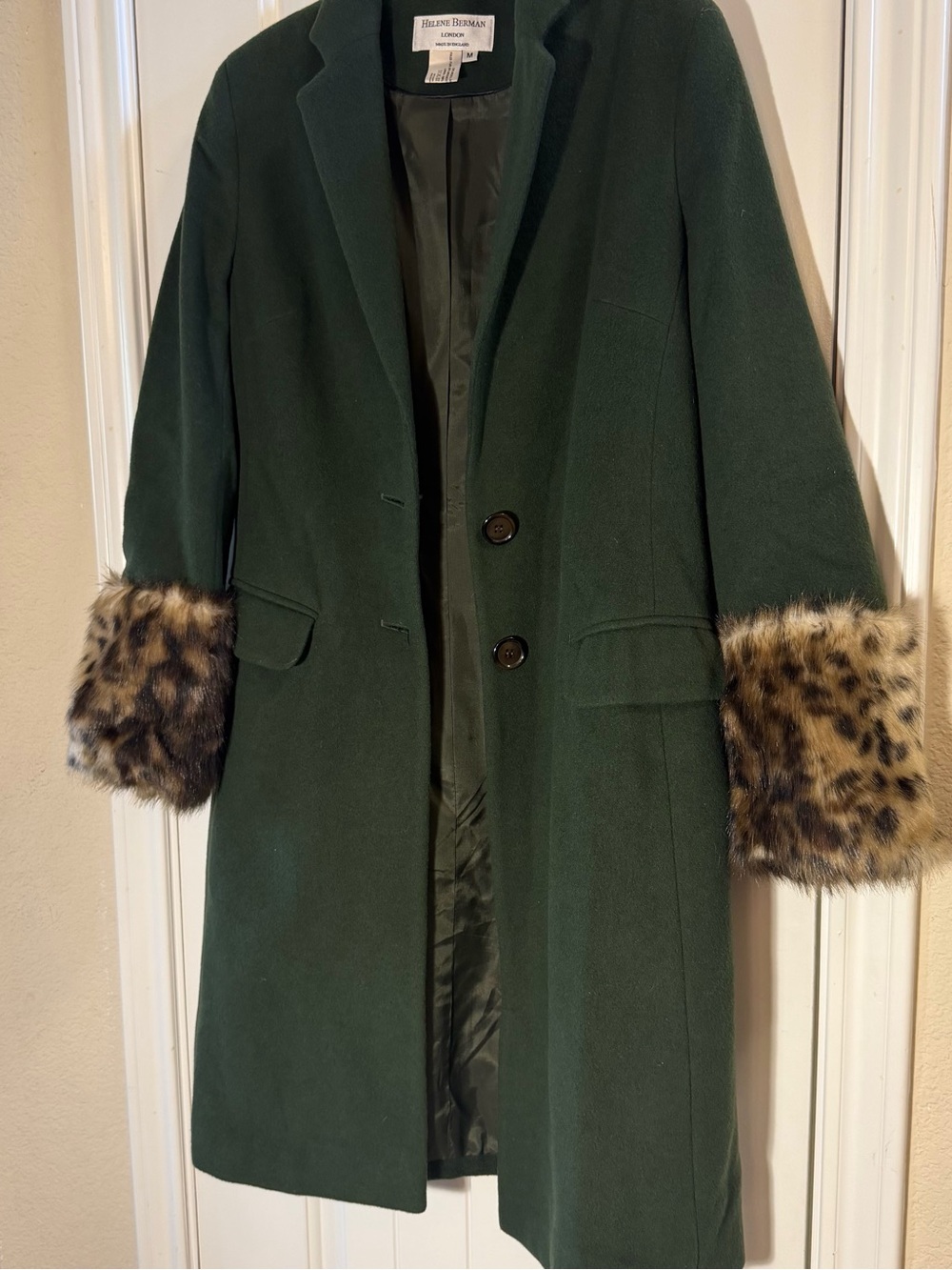 Helene Berman London Green Wool Blend Coat Leopard Faux Fur Cuffs M